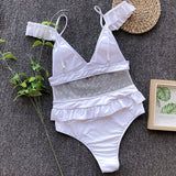 V-neck Ruffled Mesh Swimsuit